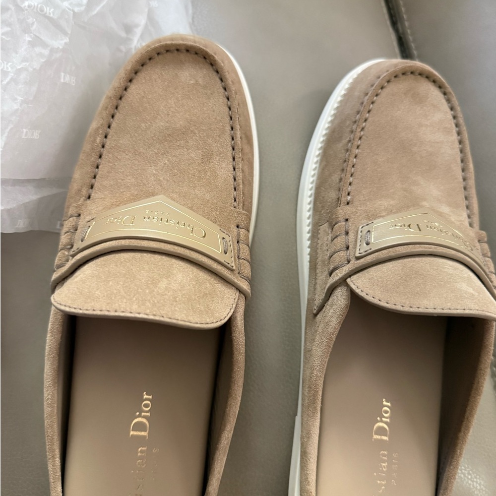 Dior Beige Suede Women's Slip-On Loafers with Gold Plaque